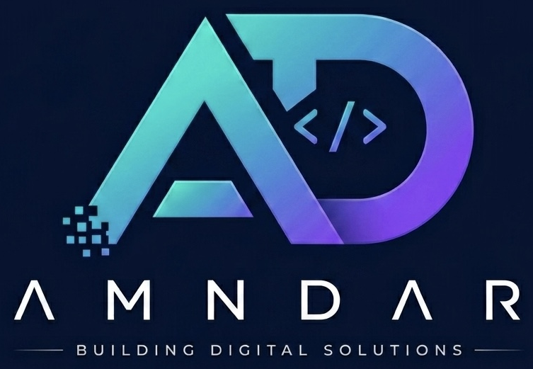 The AMNDAR logo: an AD monogram with code brackets, above the company name and the line Building Digital Solutions.